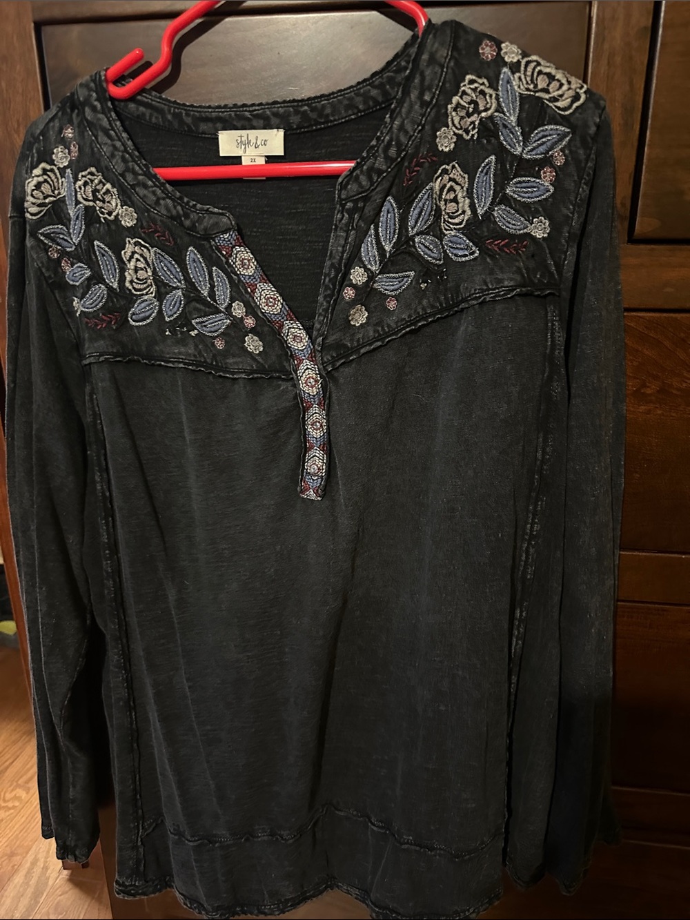 Style & Co. Black Long-Sleeve Embroidered Henley with Blue and Cream Accents